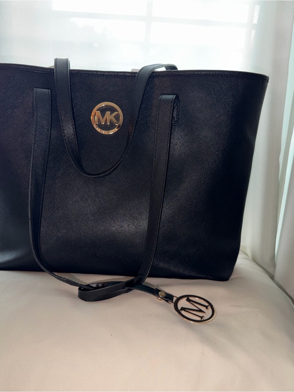 Michael Kors Black Saffiano Leather Tote Bag MK Medallion Gold Hardware